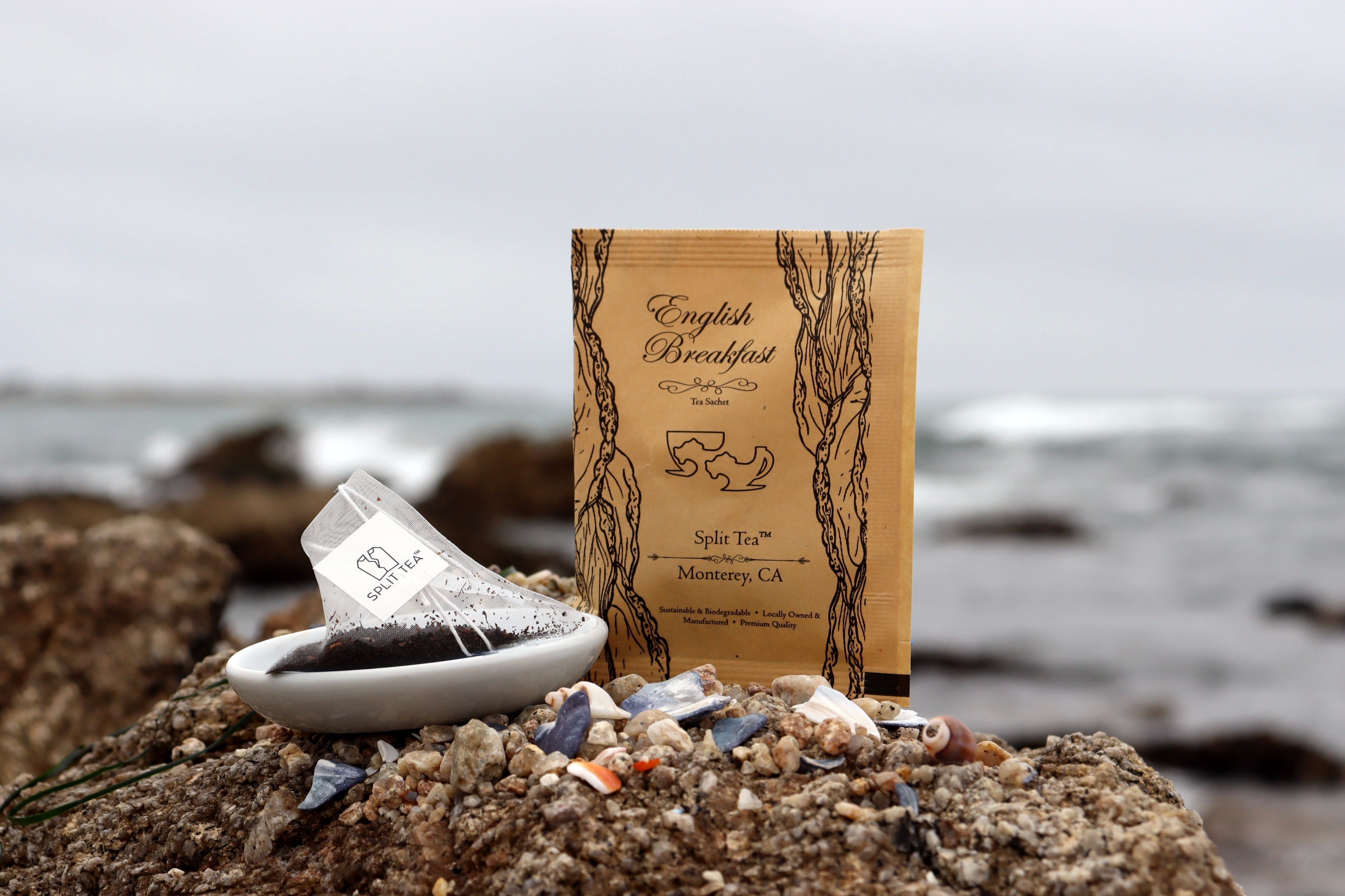 Kraft bag pyramid tea bag Monterey California tea bags eco friendly loose leaf split tea tea beach