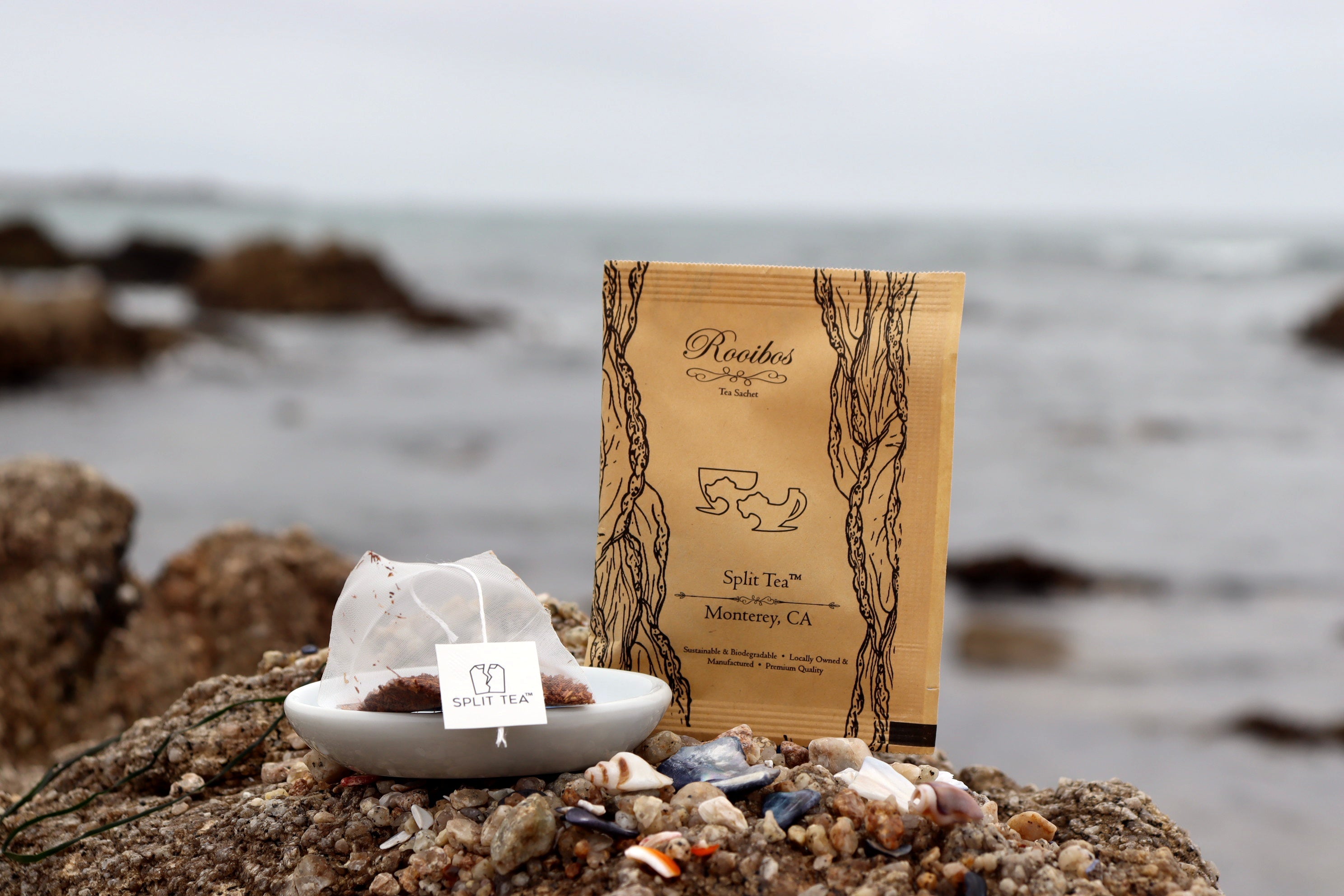 Kraft bag pyramid tea bag Monterey California tea bags eco friendly loose leaf split tea tea beach