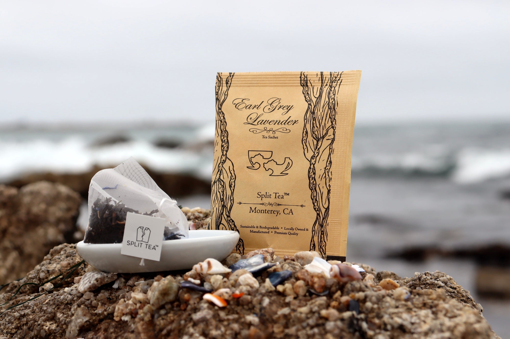 Kraft bag pyramid tea bag Monterey California tea bags eco friendly loose leaf split tea tea at the beach restaurants boutique hotels spas brunch breakfast cafes