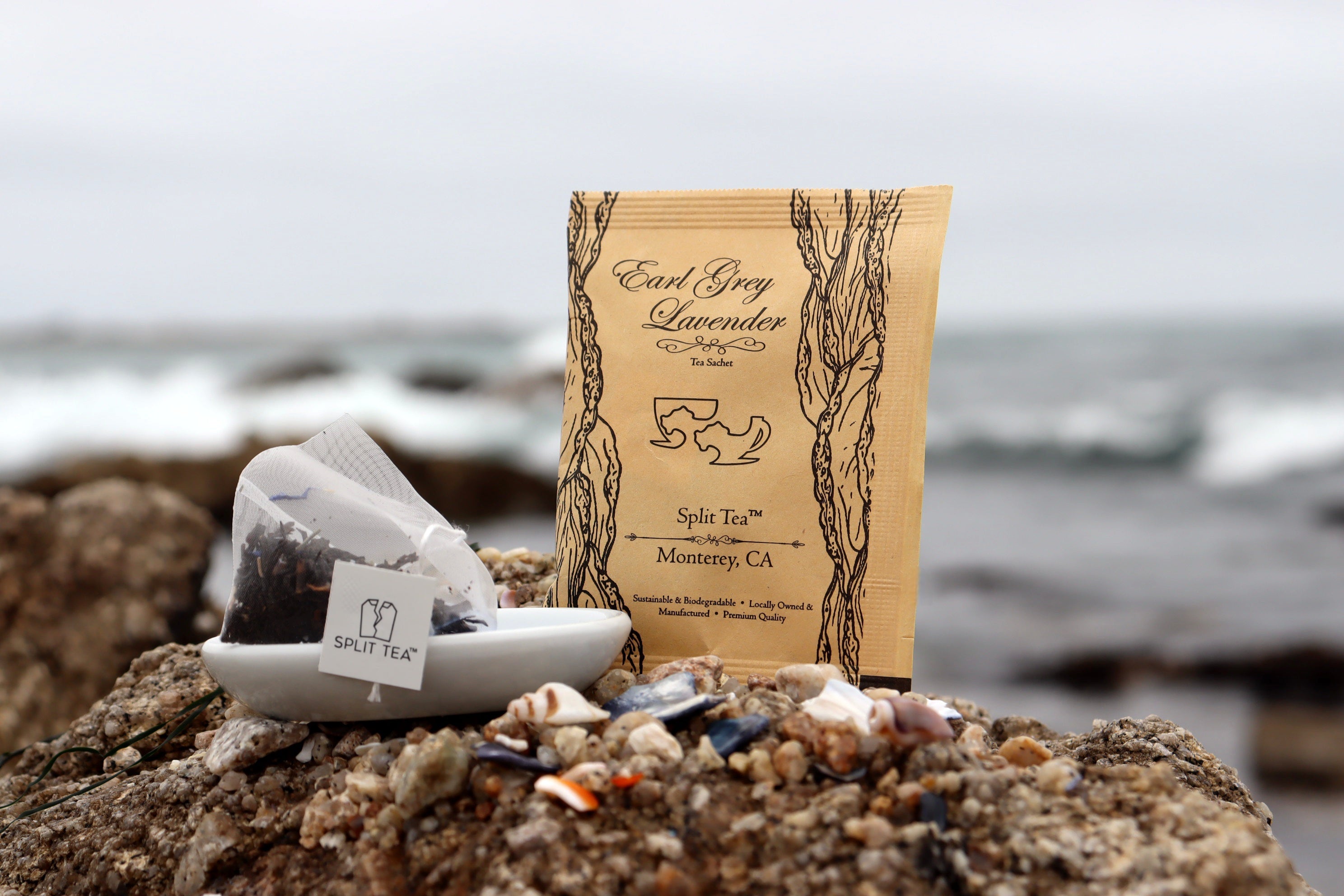 Kraft bag pyramid tea bag Monterey California tea bags eco friendly loose leaf split tea tea at the beach restaurants boutique hotels spas brunch breakfast cafes