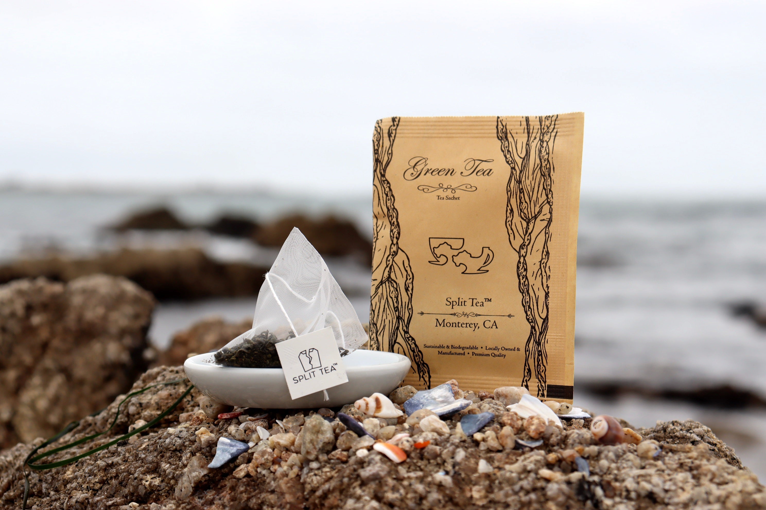 Kraft bag pyramid tea bag Monterey California tea bags eco friendly loose leaf split tea tea beach