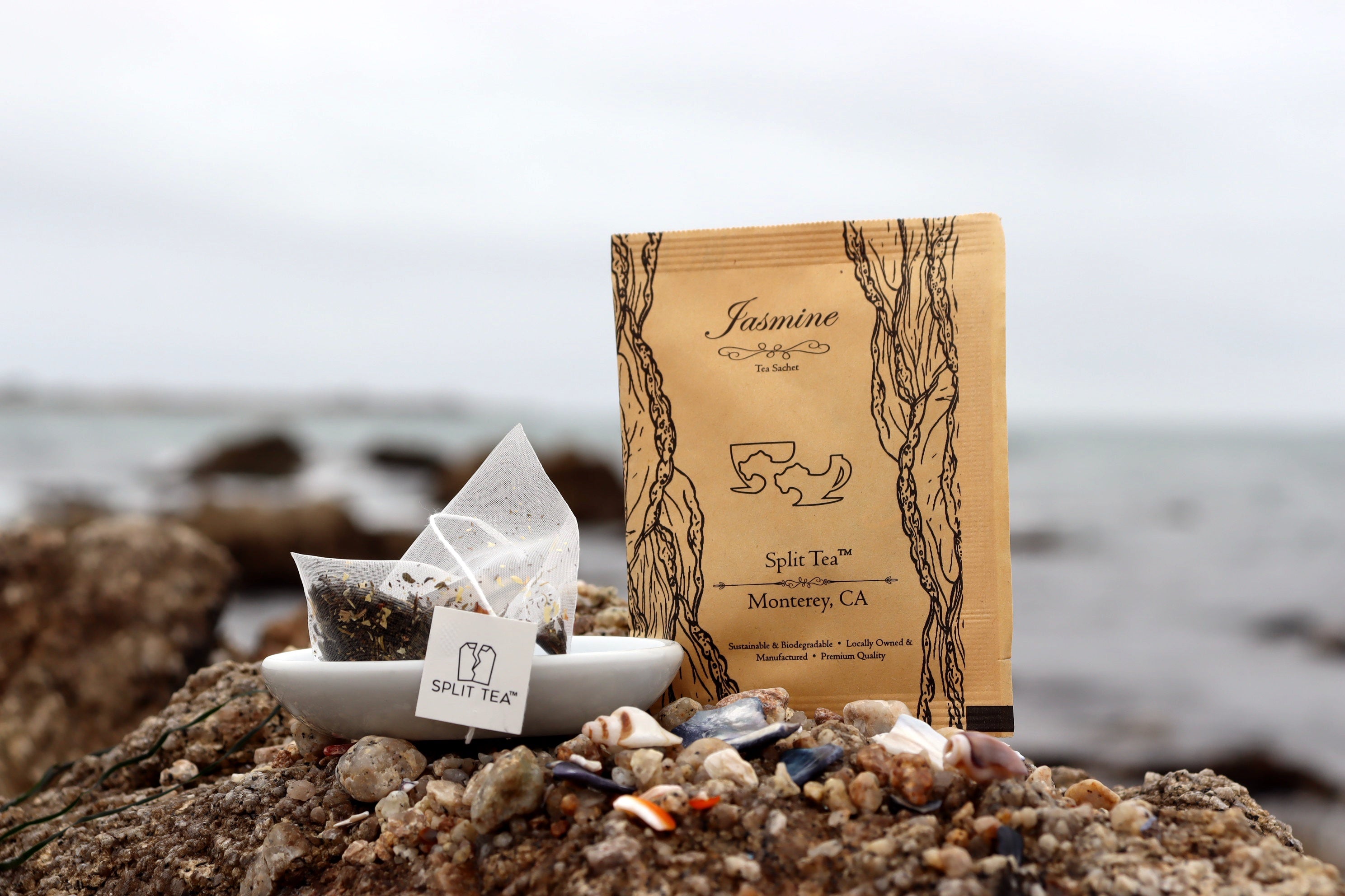 Kraft bag pyramid tea bag Monterey California tea bags eco friendly loose leaf split tea tea beach