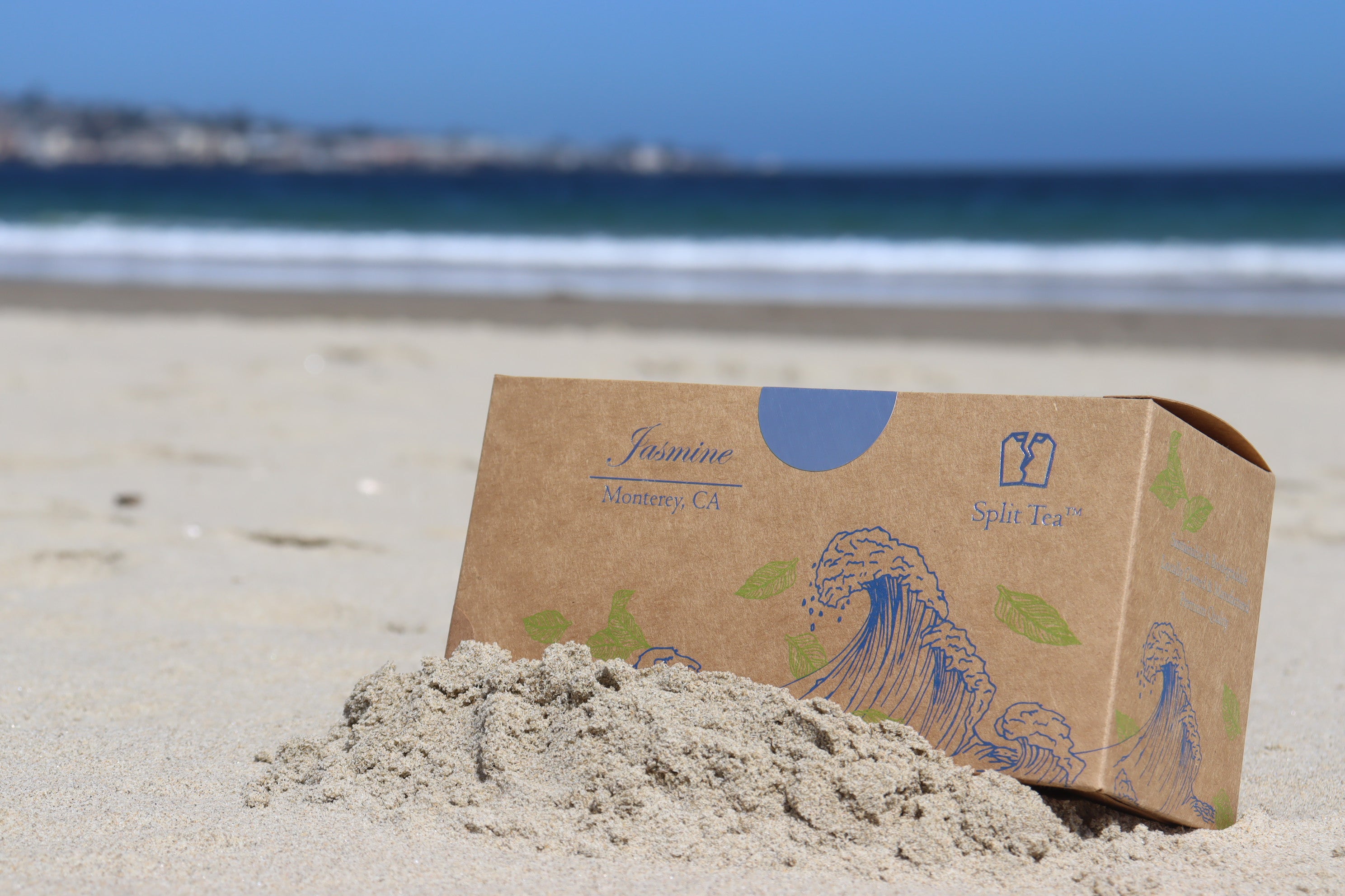 Kraft bag pyramid tea bag Monterey California tea bags eco friendly loose leaf split tea tea beach