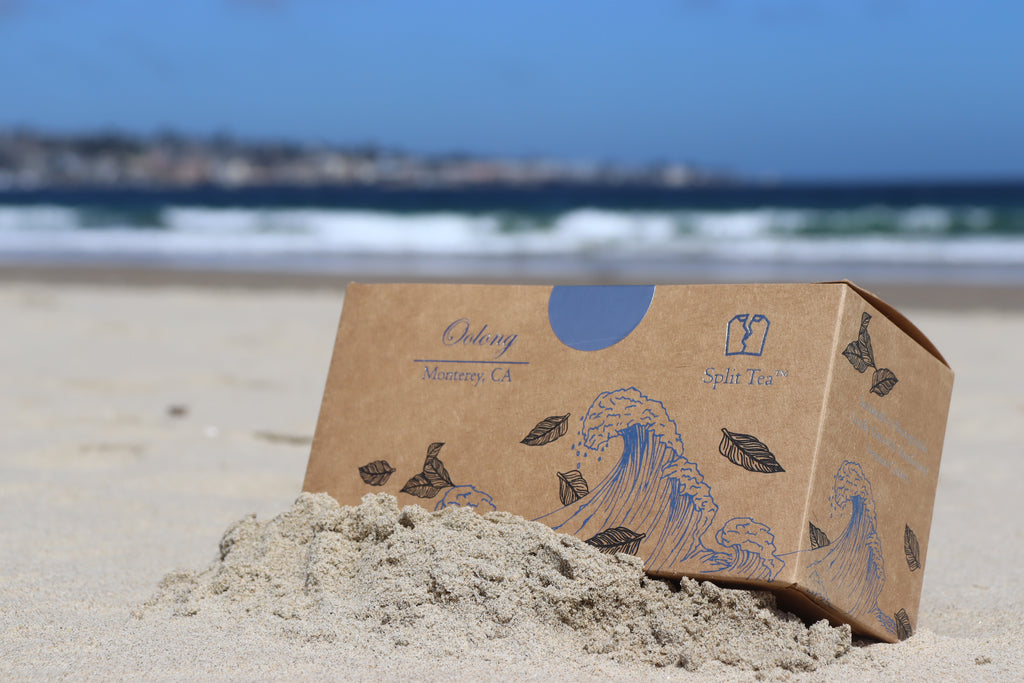 Kraft bag pyramid tea bag Monterey California tea bags eco friendly loose leaf split tea tea beach
