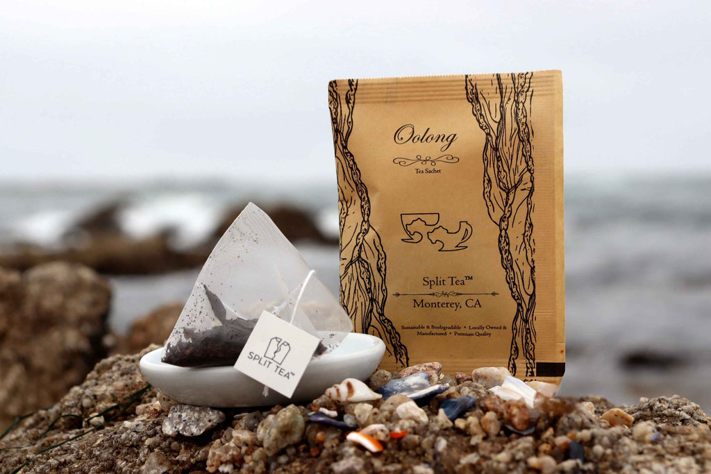Kraft bag pyramid tea bag Monterey California tea bags eco friendly loose leaf split tea tea beach