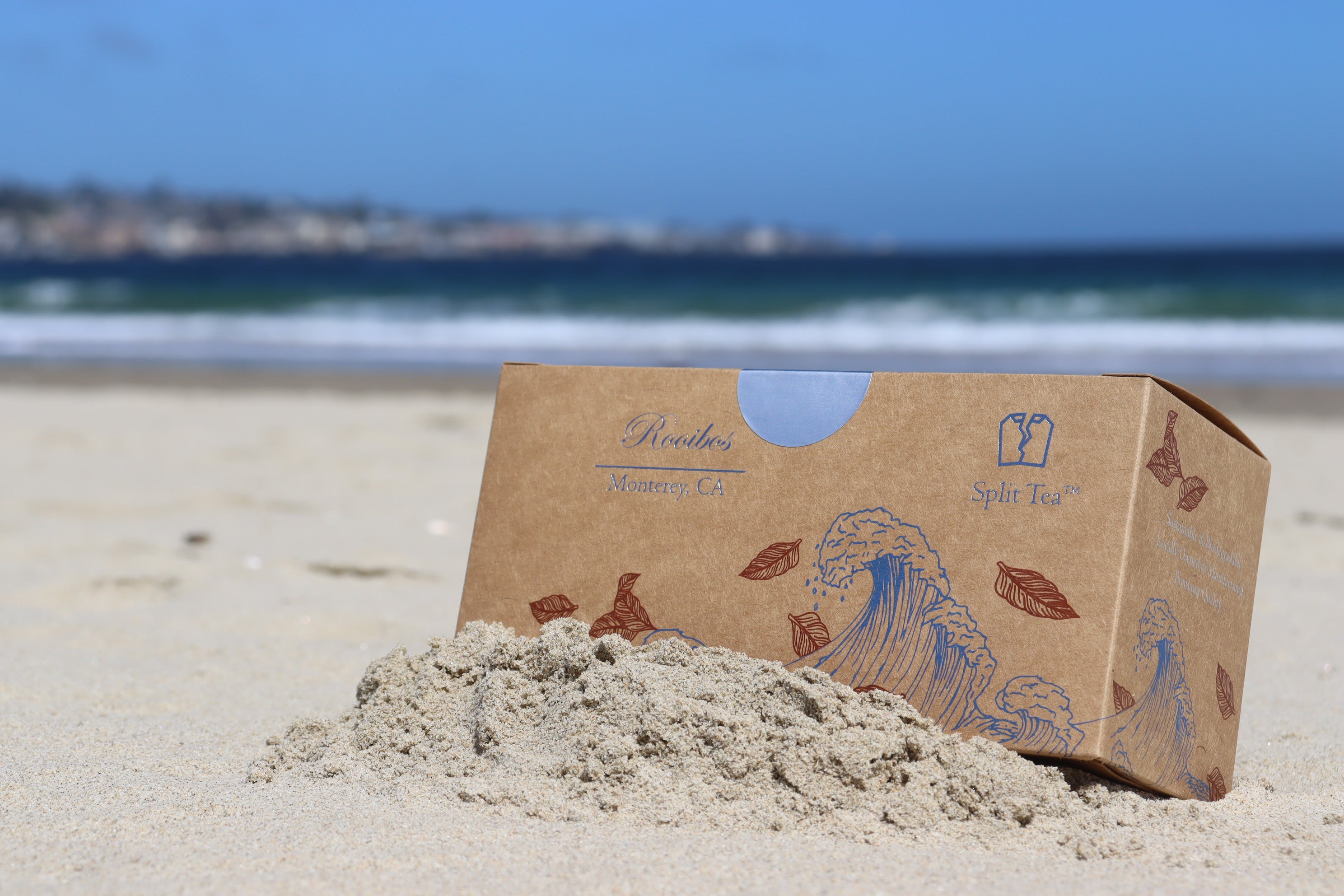 Kraft bag pyramid tea bag Monterey California tea bags eco friendly loose leaf split tea tea beach