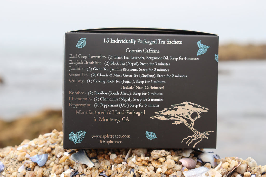 Kraft bag pyramid tea bag Monterey California tea bags eco friendly loose leaf split tea tea beach sea otters tea gifts