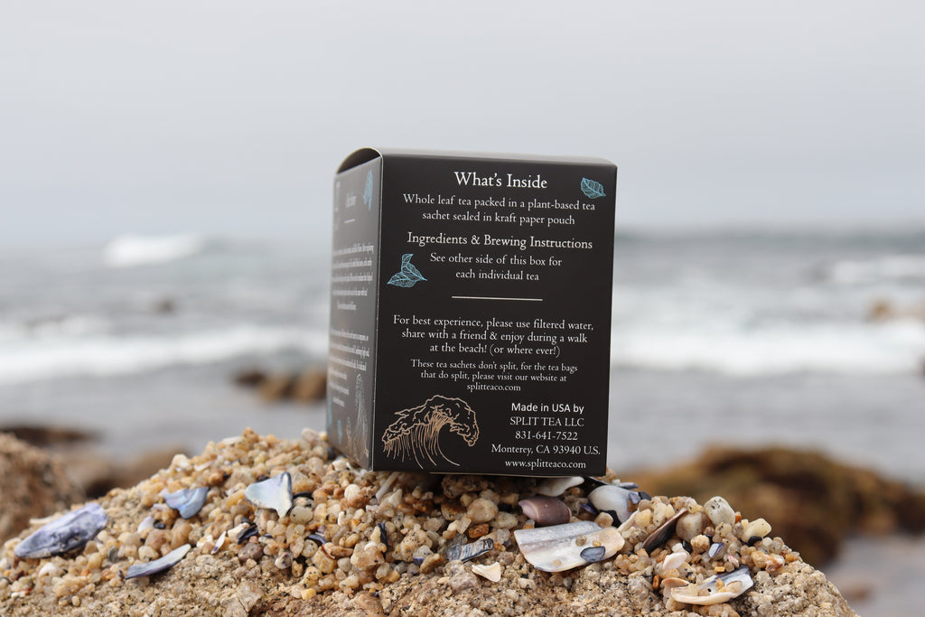 Kraft bag pyramid tea bag Monterey California tea bags eco friendly loose leaf split tea tea beach sea otters tea gifts