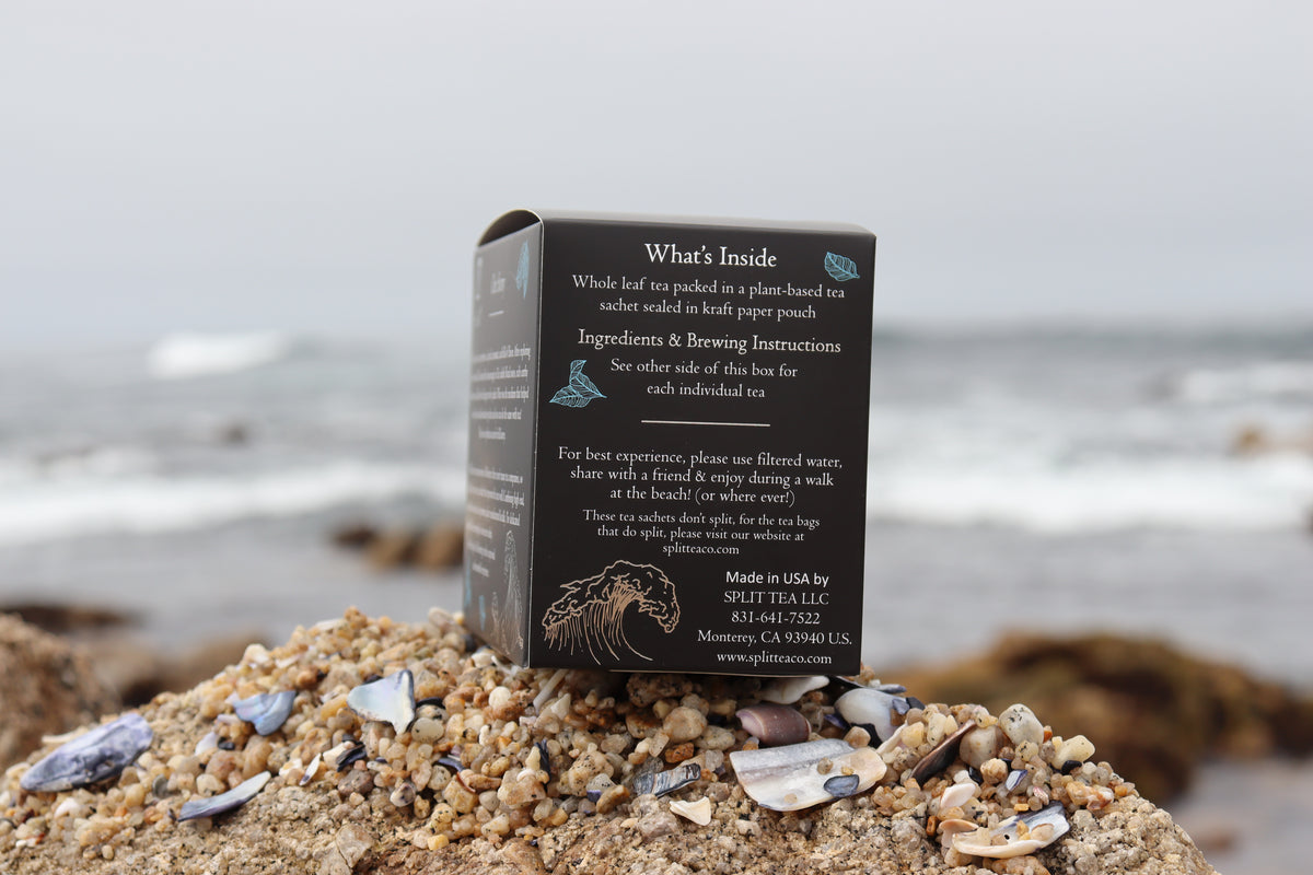 Kraft bag pyramid tea bag Monterey California tea bags eco friendly loose leaf split tea tea beach sea otters tea gifts