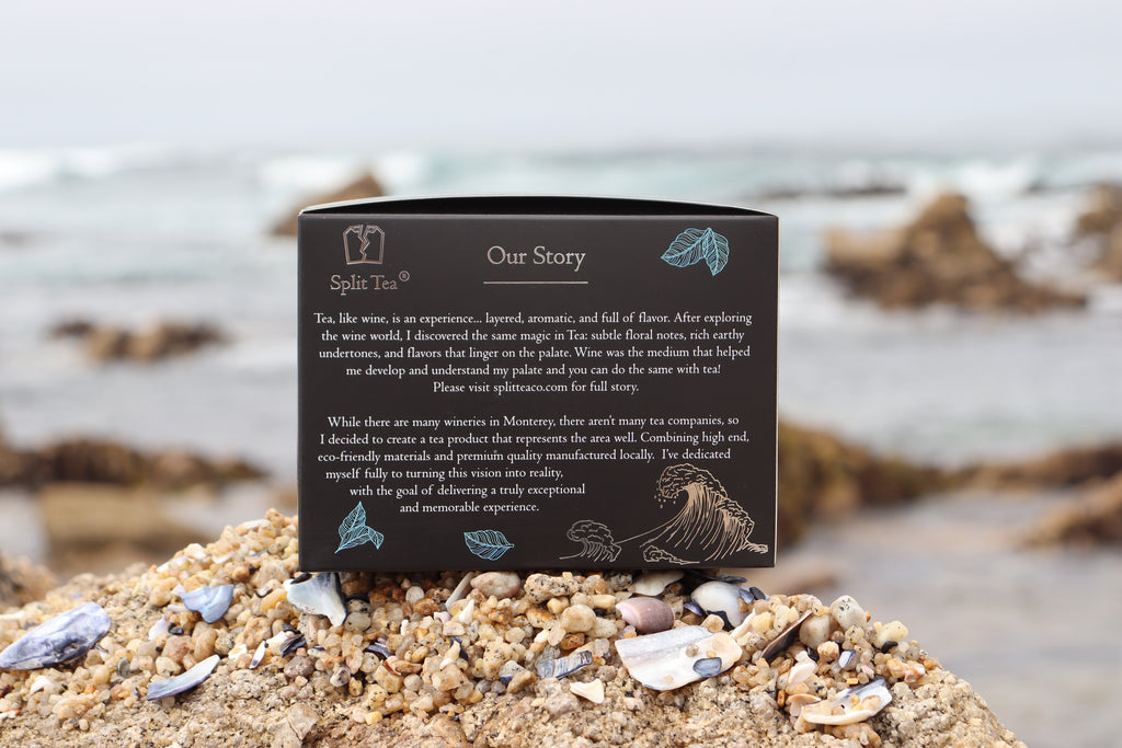 Kraft bag pyramid tea bag Monterey California tea bags eco friendly loose leaf split tea tea beach sea otters tea gifts
