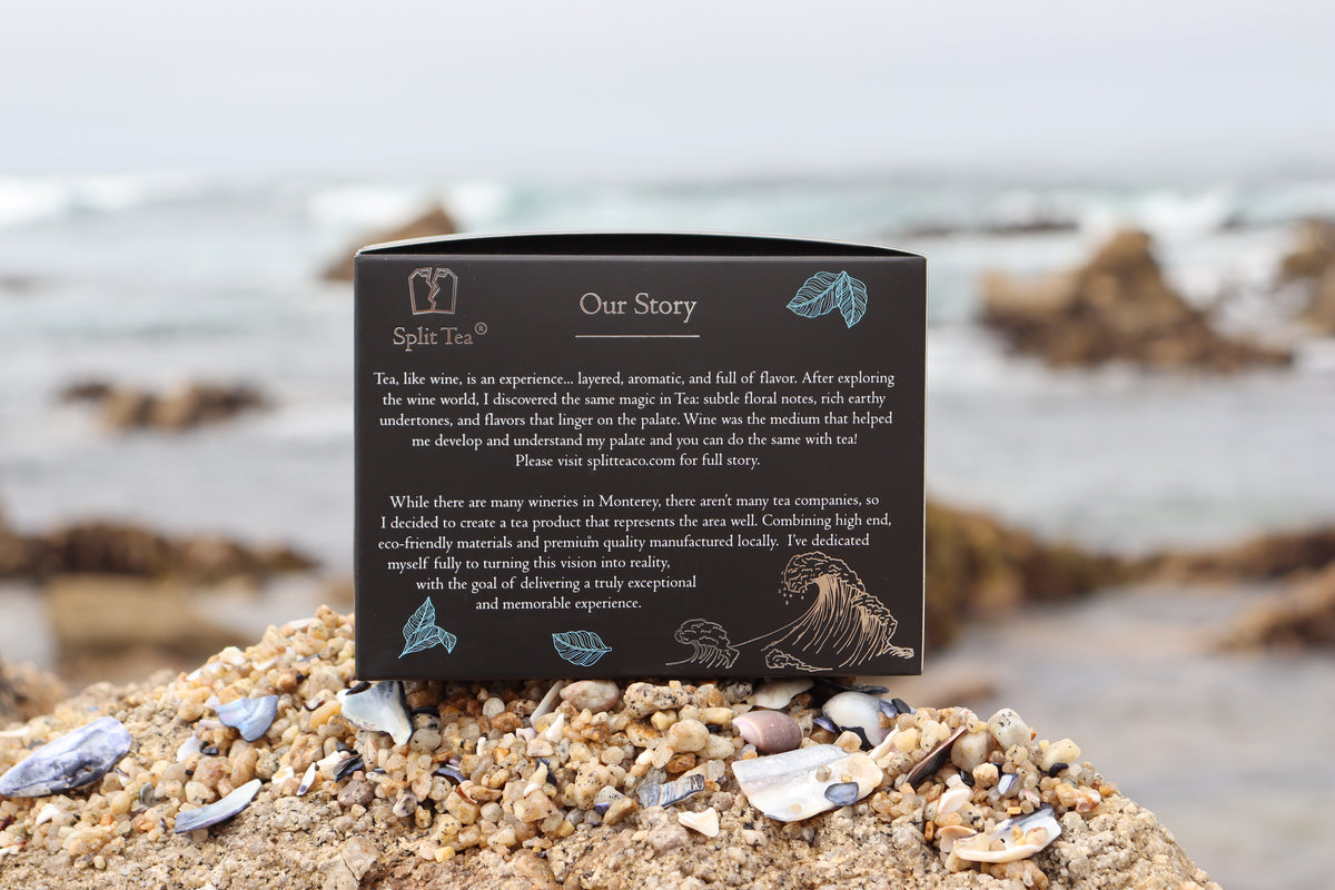Kraft bag pyramid tea bag Monterey California tea bags eco friendly loose leaf split tea tea beach sea otters tea gifts