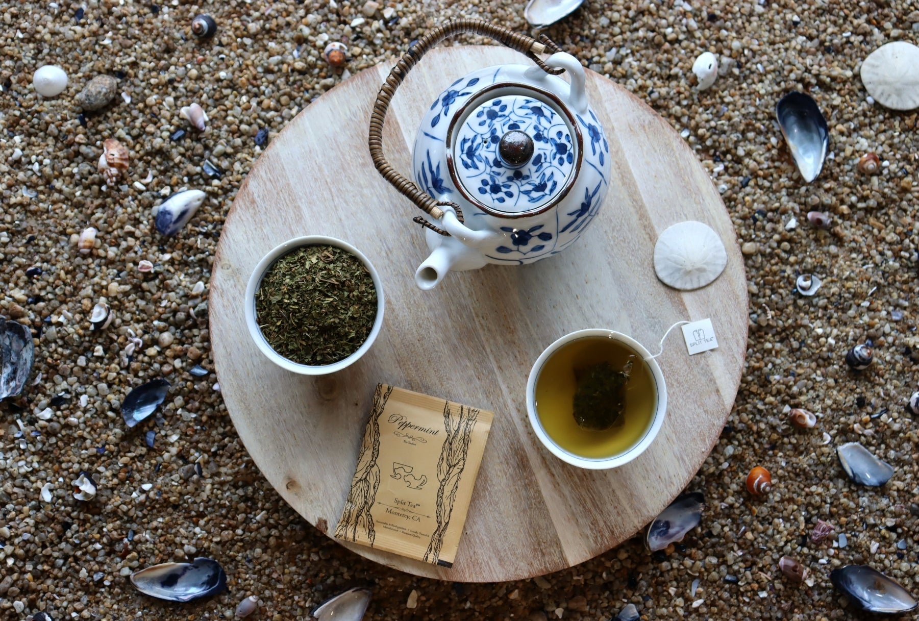 Kraft bag pyramid tea bag Monterey California tea bags eco friendly loose leaf split tea tea at the beach restaurants boutique hotels spas brunch breakfast cafes