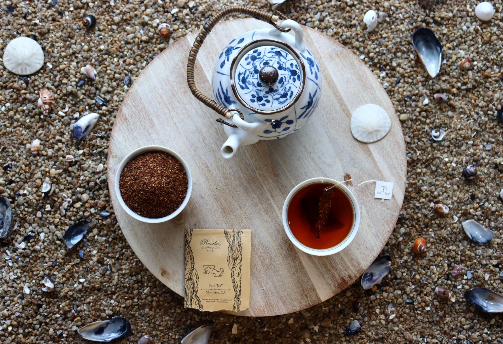 Kraft bag pyramid tea bag Monterey California tea bags eco friendly loose leaf split tea tea at the beach restaurants boutique hotels spas brunch breakfast cafes